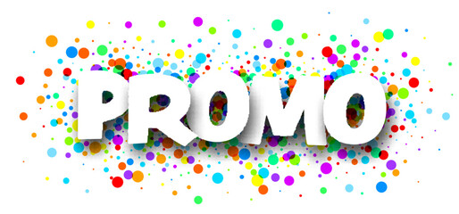 Promo sign over colorful round confetti background.