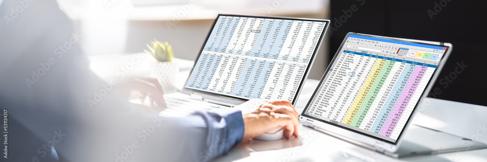Aufkleber analyst working with spreadsheet business data