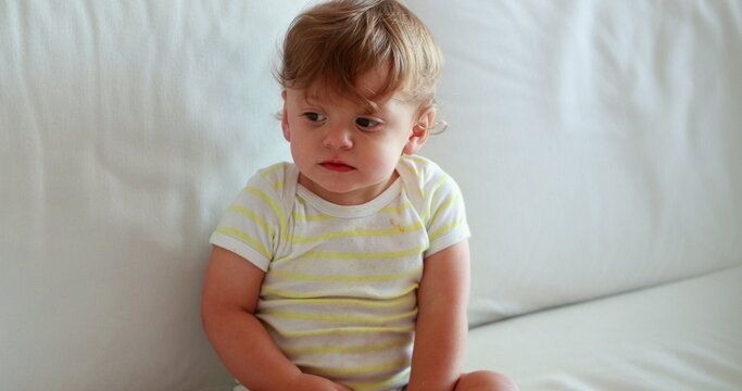 Calm baby boy on home couch. Sweet cute infant one year old child on sofa