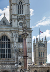Fototapeta na wymiar London, UK - September 16, 2022: Westminster Abbey, Parliament tower with British flag during funeral ceremony of Queen Elizabeth II
