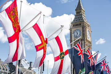 London, UK.  Big Ben, British and commonwealth countries flags during the funeral ceremony of Queen Elizabeth II - obrazy, fototapety, plakaty