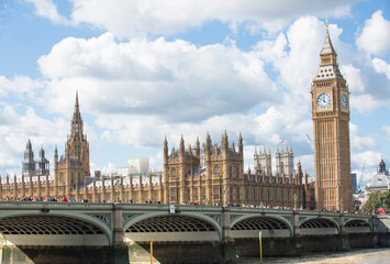 London, UK.  Big Ben,  Houses of Parliament and Westminster Abbey during funeral ceremony of Queen...