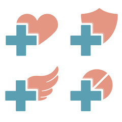 Obraz premium Vector logo with first aid cross, shield, wing, heart and drug symbols. Set of icons with medicine signs and medical crosses.