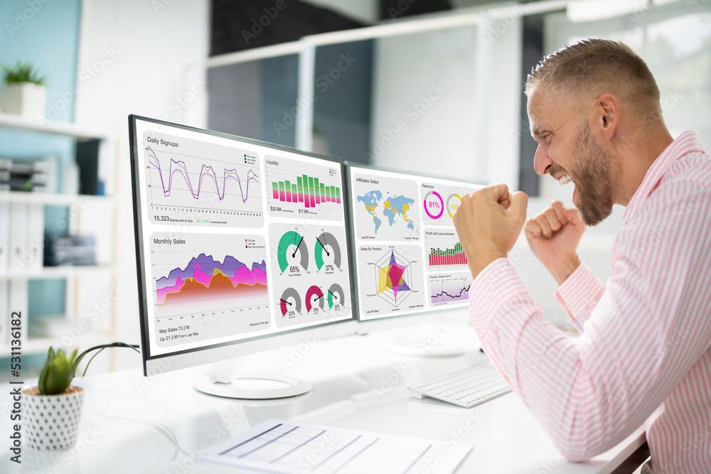 Poster Excited Business Analyst Using Data Dashboard On Computer
