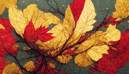 Abstract design of stylized autumn leaves. Decorative seasonal fall background. 3D illustration.