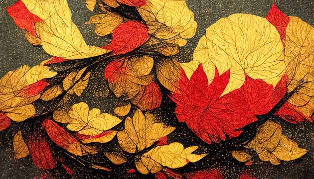 Abstract design of stylized autumn leaves. Decorative seasonal fall background. 3D illustration.