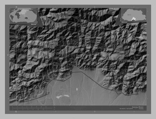 Sarpang, Bhutan. Grayscale. Labelled points of cities