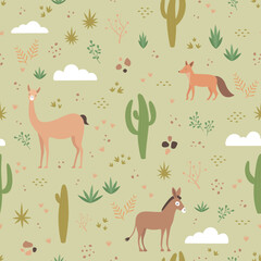 Nature seamless pattern, cactus, vicuña, fox and donkey - obrazy, fototapety, plakaty