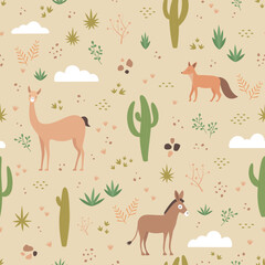 Obraz premium Nature seamless pattern, cactus, vicuña, fox and donkey