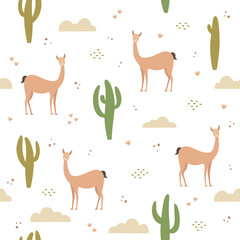 Nature seamless pattern, cactus and vicuñas