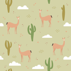 Nature seamless pattern, cactus and vicuñas