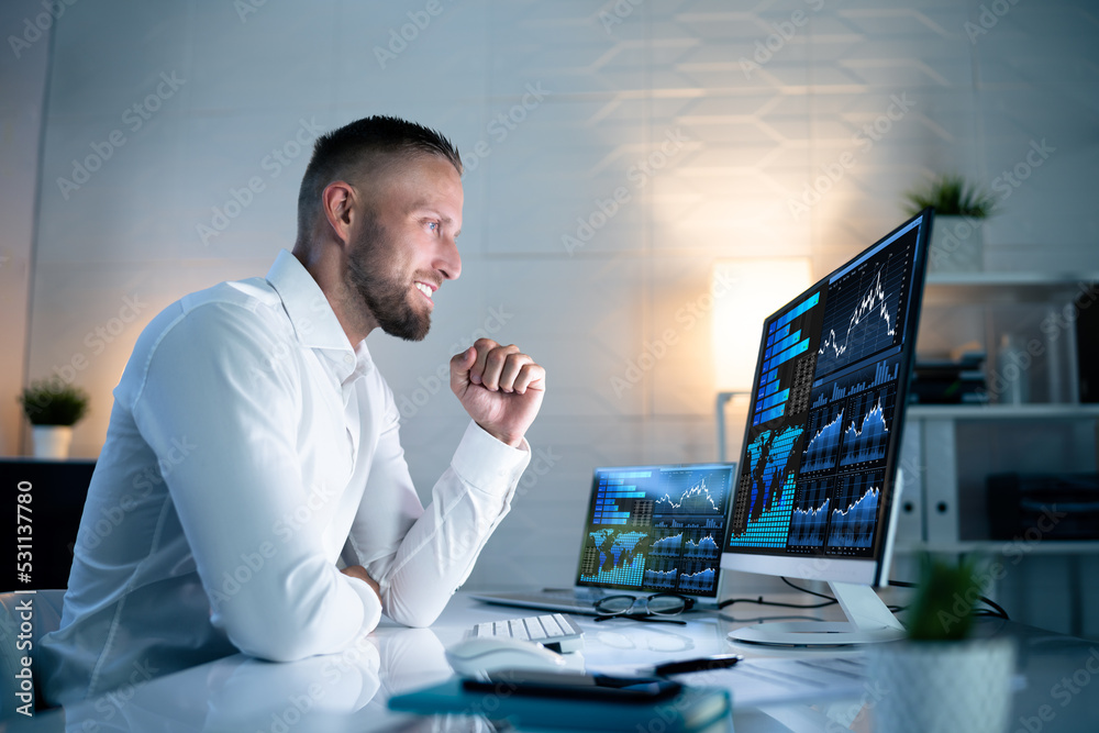 Poster Excited Business Analyst Using Data Dashboard On Computer