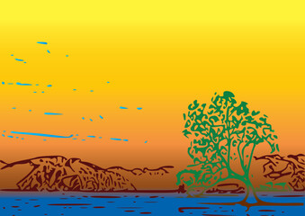 landscape with tree . Tree and lake drawing illustration .vector, beach, sea, illustration, summer, sun, tree, nature, tropical, sky, art, wave, landscape, ocean, design, palm, water, sunset
