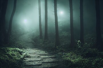 Path through a dark forest autumn fog at night. 3d illustration.