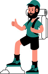 Happy man tourist hiker with beard wearing cap with backpack give the thumbs up. Concept lifestyle outdoor activity illustration isolated.