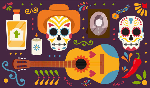 Big Mexican Set For Hispanic Holiday Day Of The Dead. Vector Illustration With Skulls In Flat Style