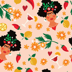 Mexican girl doodle seamless cute pattern  Funny cartoon characters  Women, girl  , pepper, flower Vector  hand drawn  illustration