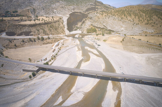 Aerial view of Severan Bridge and Chabinas creek at Adiyaman province, southeastern Anatolia, Turkey. Cendere bridge or Chabinas bridge is a late Roman bridge located near the ancient city of Arsameia