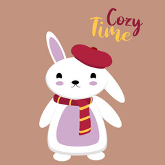 Obraz premium Cozy Time greeting card with a cute flat design Bunny with a Scarf and Beret. Ideal for posters, postcards, invitations, and banners.