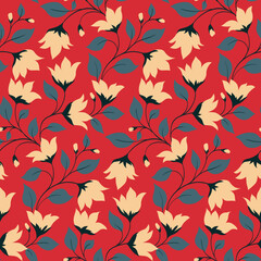 Seamless floral pattern, vintage style ditsy print with decorative flowers branches. Abstract composition of thin twigs with flowers and leaves on a red background. Vector illustration.