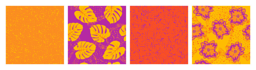 Grain texture and floral seamless pattern vector set. Botanical design of primula and monstera leaves.