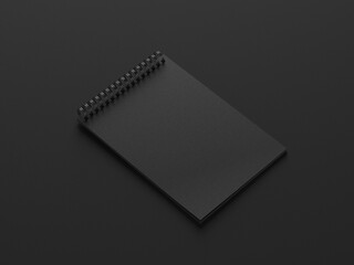 3D illustration. Black notepad isolated on black background. Dark concept