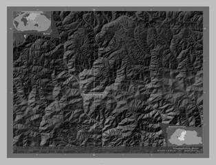 Wangduephodrang, Bhutan. Grayscale. Labelled points of cities