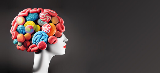 Illustration of a brain made from sweet colorful candys, unhealthy food and lifestyle, risk for obesity and diabetes
