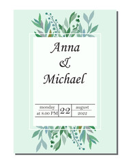Watercolor vector illustration, hand drawn card, invitation with botanical green leaves
