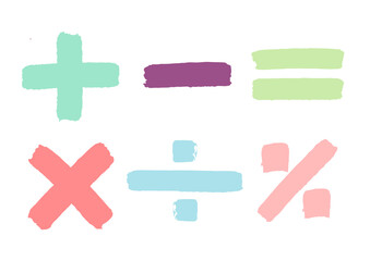 Colección Símbolos matemáticos multicolor. Ilustración infantil colorida sobre operaciones matemáticas, suma, resta, multiplicación, división, porcentaje.