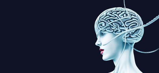 Mind control, brain with strings, manipulation and dictator concept, mass hypnosis by media, illustration