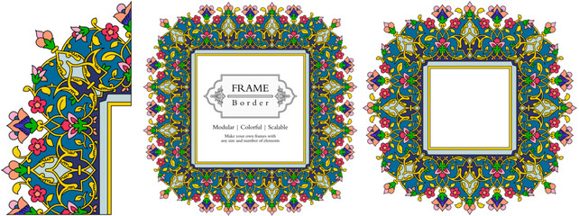 Frame mandala persian arabic turkish islamic hindi indian tibetan traditional colorful vector pattern texture vintage ornate retro elegant ornamental borders frames floral ornaments tazhib 18-v1-t1 - obrazy, fototapety, plakaty