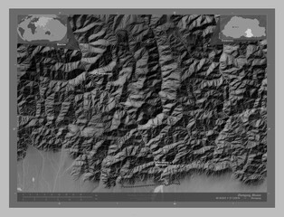 Zhemgang, Bhutan. Grayscale. Labelled points of cities