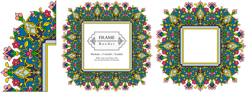 Frame mandala persian arabic turkish islamic hindi indian tibetan traditional colorful vector pattern texture vintage ornate retro elegant ornamental borders frames floral ornaments tazhib 18-v1-t1