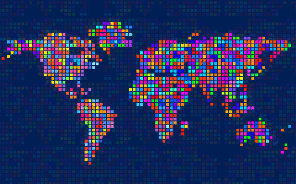 Abstract world map colorful dots, pixels texture