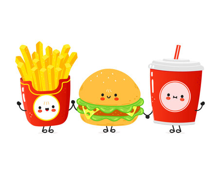 Cute happy hamburger french fries cola card. Vector hand drawn doodle style cartoon character illustration icon design. Happy hamburger french fries cola friends concept card