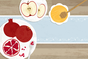 A table assortment of pomegranates, apples, and honey. In a cut paper style with textures.
