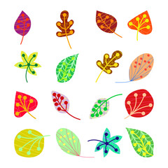 A collection of painted abstract colored leaves in the doodle style. A separate element for children's design, paper cutting, creating patterns, applique, wall decor, wallpaper.