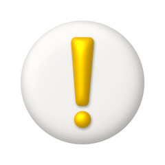 Golden exclamation mark symbol on a white button. Attention or caution sign icon. 3d realistic design element.