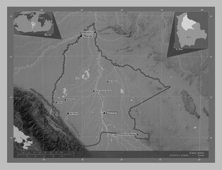 El Beni, Bolivia. Grayscale. Labelled points of cities