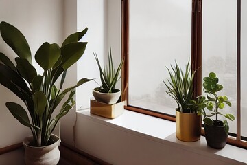 interior design 3d illustration clean bright room with plants
