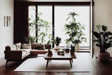 Fototapeta premium interior design 3d illustration clean bright room with plants