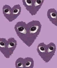 illustration. many cute, purple hearts with eyes on a pink background