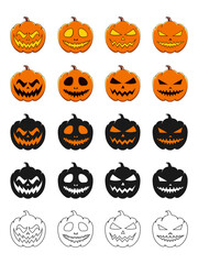 Set of Orange Halloween pumpkin with Scary smile for Happy Halloween Vector illustration