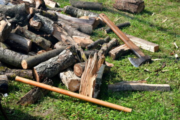 A close up on an axe with a long handle made out of wood used to chop logs in order to produce firewood seen during a local rural fair or festival in summer in Poland
