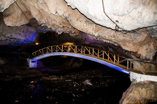 Inside of the Bolii Cave, Romania.