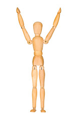Wooden mannequin with hands up in the air