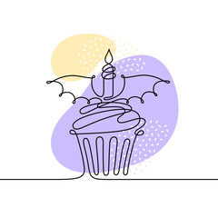 Continuous one line Halloween cake with candle and bat wings. Linear silhouette of scary party food, doodle dessert, birthday cupcake with dragon or vampire wings, vector hand drawn illustration
