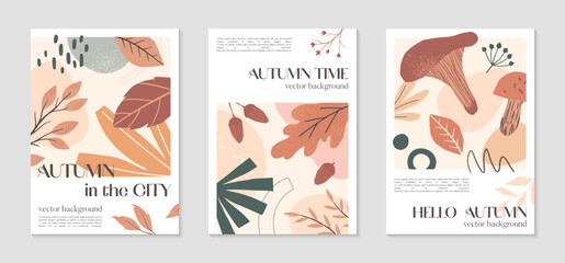 Autumn creative posters with organic various shapes,foliage and copy space for text.Modern designs for social media marketing,covers,invitations,placard,brochure.Trendy fall vector illustrations.