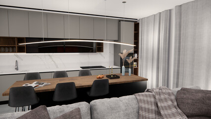 3d render of interior design - living room and kitchen design